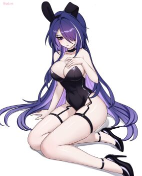 1girl absurdres acheron_(honkai:_star_rail) animal_ears artist_name bare_legs black_choker black_footwear breasts choker cleavage detached_sleeves hair_over_one_eye hand_on_own_chest high_heels highleg highleg_leotard highres hitakire honkai:_star_rail honkai_(series) leotard light_blush long_hair multicolored_hair on_floor playboy playboy_bunny purple_eyes purple_hair rabbit_ears solo strapless strapless_leotard streaked_hair thighs white_background