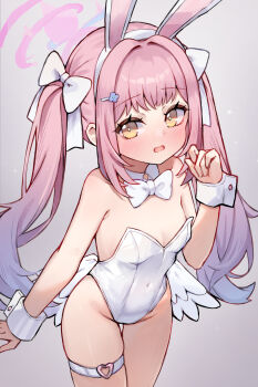 1girl aged_down alternate_breast_size_(smaller) animal_ears blue_archive bow breasts commentary fake_animal_ears halo heart heart_o-ring highres leotard long_hair low_wings mika_(blue_archive) miya_(miyaruta) o-ring pink_hair playboy_bunny rabbit_ears small_breasts solo strapless strapless_leotard thigh_strap twintails white_leotard wings wrist_cuffs