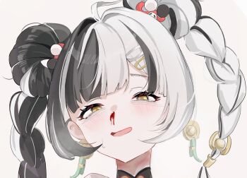 1girl bare_shoulders black_hair blood braid chinese_clothes detached_sleeves dialyn_(zenless_zone_zero) earrings fuiba_blue hair_ornament highres jewelry long_hair looking_at_viewer multicolored_hair nosebleed open_mouth solo split-color_hair twin_braids white_background white_hair yellow_eyes zenless_zone_zero