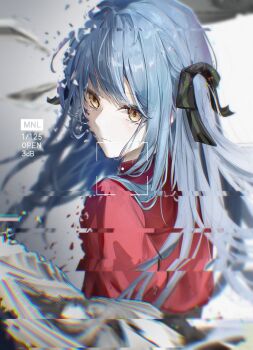 1girl absurdres bang_dream! bang_dream!_it&#039;s_mygo!!!!! black_ribbon blue_hair chromatic_aberration commentary_request dissolving glitch hair_ribbon highres liuyunnnn long_hair looking_at_viewer oblivionis_(bang_dream!) red_shirt ribbon shirt sidelocks solo togawa_sakiko upper_body viewfinder yellow_eyes