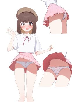 1girl absurdres accidental_exposure beret blunt_bangs blush bow bow_panties brown_eyes brown_hair brown_hat commission constricted_pupils embarrassed hat highres looking_at_viewer multiple_views neck_ribbon open_mouth panties pantyshot pink_ribbon pink_skirt polka_dot polka_dot_panties ribbon saionji_(tanakeda) schwarz_rubin shirt short_hair skirt tanaka-kun_wa_itsumo_kedaruge transparent_background underwear upskirt waving white_panties white_shirt wind wind_lift