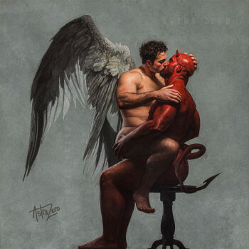 2boys 3d astrazero bara beard chair colored_skin couple demon_boy demon_tail facial_hair feathered_wings feet_out_of_frame foreplay from_side full_beard hairy hand_on_another&#039;s_head kiss male_focus mature_male medium_sideburns monster_boy multiple_boys muscular muscular_arms muscular_male original profile realistic red_skin sitting sitting_on_lap sitting_on_person tail thick_eyebrows thighs wings yaoi