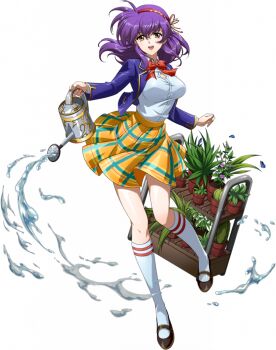 1girl :d blazer blue_jacket bow bowtie breasts brown_shoes cactus cleavage cleavage_cutout clothing_cutout collared_shirt floating_clothes floating_hair flower full_body game_cg gardening gold_trim hair_between_eyes hair_bow hairband holding holding_watering_can jacket kneehighs lambda_(langrisser) langrisser langrisser_mobile langrisser_v leg_up looking_at_viewer mary_janes medium_breasts medium_hair official_alternate_costume official_art open_clothes open_jacket open_mouth plaid_clothes plaid_skirt plant pleated_skirt potted_plant purple_hair red_bow red_bowtie red_hairband school_uniform shirt shoes simple_background skirt smile socks solo standing standing_on_one_leg tachi-e thighhighs third-party_source transparent_background water watering_can white_shirt white_socks yellow_eyes yellow_skirt zettai_ryouiki