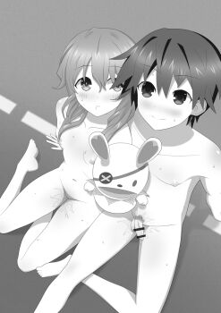 1boy 1girl aftersex bar_censor barefoot blush breasts censored cum date_a_live foreskin greyscale himekawa_yoshino itsuka_shido looking_up monochrome nipples nude outdoors penis pubic_hair puppet pussy_juice rayos short_hair sitting small_breasts sweat yokozuwari