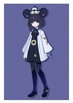 1girl absurdres belt belt_buckle black_dress black_pantyhose black_shoes blue_gloves blunt_bangs bob_cut border buckle closed_mouth coat dress full_body gloves gwynn_(pokemon) hat highres long_sleeves looking_at_viewer nintendo o-ring o-ring_belt open_clothes open_coat pantyhose partially_fingerless_gloves pokemon pokemon_legends:_z-a purple_eyes purple_hair sefie_trpg shoes short_hair solo white_border white_coat