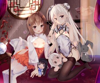 2girls :d absurdres alternate_costume alternate_hairstyle amatsume_akira antenna_hair architecture baby_bottle black_panties black_thighhighs blush blush_stickers bottle bracelet breasts breasts_apart breasts_out brown_eyes brown_hair bun_cover character_doll china_dress chinese_clothes closed_mouth clothing_cutout covered_navel curtains doll double_bun dress east_asian_architecture eyelashes fine_fabric_emphasis flower folding_fan frilled_skirt frills frown full_body grey_eyes hair_bun hair_ornament hand_fan hand_up hands_up happy heart high-waist_skirt highres hip_vent holding holding_bottle imoe_(1017933989) indoors jewelry kasugano_haruka kasugano_sora lifting_own_clothes long_hair long_sleeves looking_at_viewer medium_hair migiwa_kazuha multiple_girls nipples no_shoes on_bed open_clothes open_mouth open_shirt panties pantyhose pelvic_curtain presenting_breasts red_flower red_skirt round_window shirt short_dress side-tie_panties sitting skirt sleeveless sleeveless_dress small_breasts smile straight_hair stuffed_animal stuffed_rabbit stuffed_toy thighhighs thighs underwear variant_set very_long_hair white_dress white_hair white_pantyhose white_shirt wide_sleeves window x_hair_ornament x_mouth yokozuwari yosuga_no_sora