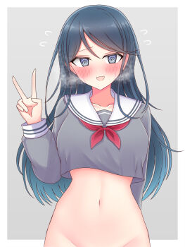 Rule 34 | 1girl, @ @, absurdres, arm behind back, blue hair, blush, border, bottomless, commentary request, gradient hair, grey background, grey shirt, groin, highres, hoshino ichika (project sekai), long hair, looking at viewer, masurao19, midriff, multicolored hair, navel, necktie, open mouth, out-of-frame censoring, outside border, project sekai, red necktie, sailor collar, school uniform, serafuku, shirt, simple background, solo, standing, v, white border, white sailor collar