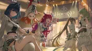 5girls absurdres animal_ears arms_behind_back arms_behind_head asymmetrical_legwear asymmetrical_sleeves black_streaks blue_eyes blue_hair bluehead_white_dragon brown_eyes ceres_fauna chain chain_headband commentary crinoline crop_top crossed_legs frilled_wristband hair_intakes hair_over_one_eye hakos_baelz hanging_from_ceiling hashtag-only_commentary heterochromia highres hololive hololive_english hololive_idol_uniform_(bright) holopromise irys_(hololive) leaning_forward long_hair looking_at_viewer midriff miniskirt mouse_ears multicolored_hair multiple_girls nanashi_mumei ouro_kronii overskirt pink_eyes pointy_ears ponytail red_hair short_hair single_leg_pantyhose single_sleeve sitting skirt stage stage_lights streaked_hair thighhighs tree_horns upside-down very_long_hair virtual_youtuber w white_skirt white_streaks white_thighhighs yellow_eyes