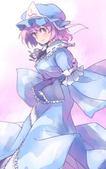 1girl black_ribbon blue_bow blue_dress blue_hat blue_sash bow breasts commentary_request dress feet_out_of_frame frilled_bow frilled_shirt_collar frills from_side hat long_sleeves looking_back medium_breasts mob_cap one-hour_drawing_challenge pink_background pink_eyes pink_hair rangycrow ribbon ribbon-trimmed_bow ribbon-trimmed_collar ribbon_trim saigyouji_yuyuko sash see-through_clothes see-through_veil short_hair sideways_glance solo touhou triangular_headpiece veil