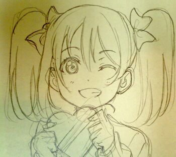 bow graphite_(medium) grin hair_bow hands_up heart highres holding long_sleeves looking_at_viewer love_live! love_live!_school_idol_project murota_yuuhei one_eye_closed portrait smile traditional_media twintails yazawa_nico