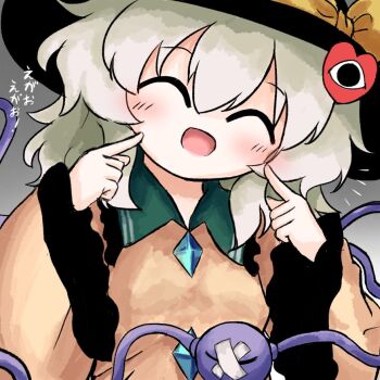 1girl bandaid bandaid_on_eye black_hat bow buttons closed_eyes commentary_request diamond_button eyeball frilled_shirt_collar frilled_sleeves frills green_hair hat hat_bow hat_ribbon heart heripantomorrow komeiji_koishi pointing pointing_at_self ribbon shirt smile third_eye touhou translated wide_sleeves yellow_bow yellow_ribbon yellow_shirt