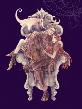 1boy 1girl absurdres colored_skin dress formal_clothes highres humanization jack_skellington long_hair long_sleeves mizala open_mouth patchwork_clothes patchwork_skin pinstripe_pattern pinstripe_suit pinstripe_vest red_hair sally_(nbc) smile stitched_arm stitched_face stitches striped_clothes striped_vest suit the_nightmare_before_christmas vertical-striped_clothes vertical-striped_vest vest