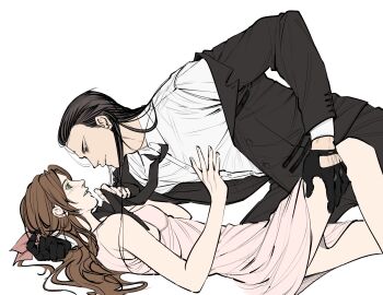1boy 1girl aerith_gainsborough bare_arms bindi black_gloves black_hair black_jacket black_necktie black_pants blush boy_on_top breasts brown_eyes brown_hair clothes_grab collared_shirt dress earrings feet_out_of_frame final_fantasy final_fantasy_vii final_fantasy_vii_remake gloves green_eyes groping hair_ribbon hair_slicked_back hand_in_another's_hair hand_on_another's_chest hand_on_another's_thigh highres jacket jacket_partially_removed jewelry long_dress long_hair looking_at_another lying medium_breasts necktie necktie_grab neckwear_grab on_back pants parted_bangs parted_lips pink_dress pink_ribbon po_0823 ponytail ribbon shirt single_earring tseng white_background white_shirt