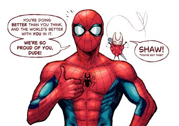1boy 1girl abs absurdres animal_print bodysuit cloak closed_eyes commentary crossover english_commentary english_text facing_viewer heart highres hollow_knight hollow_knight:_silksong hornet_(hollow_knight) looking_at_viewer marvel mask needle_(hollow_knight) pizza990 red_bodysuit red_cloak simple_background speech_bubble spider-man spider-man_(series) spider_print spider_web_print string thumbs_up toned toned_male upper_body waving_arms white_background