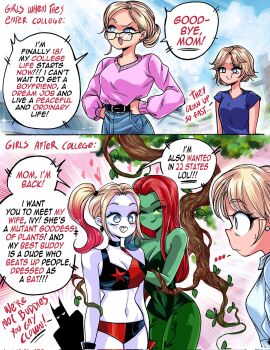 Rule 34 | 1boy, 3girls, batman, batman (series), blonde hair, breasts, colored skin, colored tips, corrupted twitter file, dc comics, english text, green skin, grs-, harley quinn, harley quinn (series), highres, leotard, mother and daughter, multicolored hair, multiple girls, poison ivy, red hair, speech bubble, stated homosexuality, twintails, white skin, yuri
