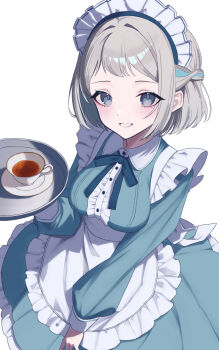 1girl alternate_costume apron black_tea blue_dress blue_eyes blue_ribbon blush braid center_frills commentary_request dress enmaided frilled_apron frills gakuen_idolmaster grey_hair hair_ribbon half_up_braid highres idolmaster katsuragi_lilja long_sleeves looking_at_viewer maid maid_apron maid_headdress neck_ribbon ribbon ribbon_braid salvation48931 short_hair simple_background smile solo tea white_apron white_background