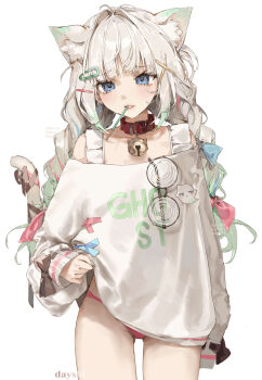 1girl absurdres animal_ear_fluff animal_ears bell belt_collar blue_eyes blunt_bangs bow braid cat_ears cat_girl cat_tail clothes_writing coke-bottle_glasses collar collarbone commentary cowboy_shot dayshiart english_commentary food food_in_mouth glasses gradient_hair green_hair hair_bow hair_ornament hairclip highres indie_virtual_youtuber jingle_bell long_sleeves looking_at_viewer mint_fantome mouth_hold multicolored_hair neck_bell no_pants panties pink_bow pink_panties pocky pocky_in_mouth raihan_(pokemon) red_collar ribbon simple_background sleeves_past_wrists solo tail tail_ornament tail_ribbon twin_braids underwear unworn_eyewear virtual_youtuber white_background white_hair x_hair_ornament