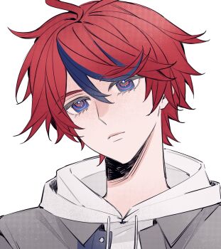 Rule 34 | 1boy, ahoge, blue eyes, blue hair, chinese commentary, closed mouth, commentary request, drawstring, grey jacket, hair between eyes, highres, hood, hood down, hoodie, jacket, jacket over hoodie, male focus, multicolored hair, open clothes, open jacket, portrait, red hair, short hair, simple background, solo, sqyyy, streaked hair, sumino takumi, the hundred line -last defense academy-, two-tone hair, white background, white hoodie