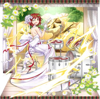 1girl ;d alternate_costume back bishamon_kikkou breasts bud curtains cymbals dandelion dress drum drum_set drumsticks electricity flower full_body game_cg hair_flower hair_ornament highres holding holding_drumsticks horikawa_raiko horikawa_raiko_(white_hybrid_drums) instrument kikkoumon leaf lightning lightning_bolt_print looking_at_viewer mitsudomoe_(shape) official_art one_eye_closed open_mouth print_dress red_eyes red_hair rotte_(1109) short_hair sitting smile solo stage strapless strapless_dress third-party_source tomoe_(symbol) touhou touhou_lostword transparent_background wedding_dress white_dress white_flower
