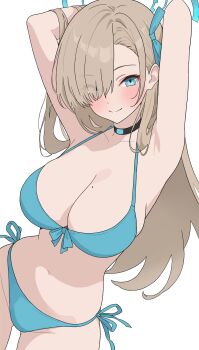 1girl absurdres armpits arms_behind_head asuna_(blue_archive) bikini blonde_hair blue_archive blue_bikini blue_eyes blue_halo blush breasts choker cleavage collarbone front-tie_bikini_top front-tie_top groin hair_over_one_eye hair_ribbon halo halterneck highres large_breasts long_hair looking_at_viewer mole mole_on_breast navel panties ribbon side-tie_bikini_bottom side-tie_panties smile solo string_bikini swimsuit thejx_063 thighs underwear very_long_hair