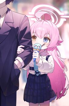 1boy 1girl absurdres ahoge black_skirt black_suit blue_archive blue_necktie blurry blurry_background capry chest_harness commentary eating food formal_clothes hair_flaps halo harness hetero heterochromia highres holding holding_ice_cream_cone hoshino_(blue_archive) ice_cream ice_cream_cone long_hair looking_at_another necktie outdoors plaid_clothes plaid_skirt pleated_skirt school_uniform sensei_(blue_archive) shirt shirt_tucked_in skirt solo_focus straight_hair suit untranslatable_commentary very_long_hair white_shirt
