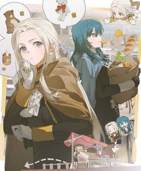 2girls arrow_(symbol) ascot bag baguette blue_eyes blue_hair bread breasts cape chinese_commentary commentary_request dadaonee edelgard_von_hresvelg female_byleth_(academy)_(fire_emblem) female_byleth_(fire_emblem) fire_emblem fire_emblem:_three_houses food fruit fruit_stand garreg_mach_monastery_uniform gloves grapes hair_ribbon highres holding holding_bag long_hair long_sleeves medium_breasts multiple_girls nintendo purple_eyes ribbon spoken_object stuffed_animal stuffed_toy teddy_bear white_ascot white_gloves white_hair