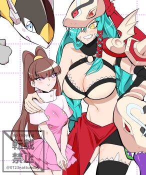 2girls amano_nene_(digimon_xros_wars) aqua_hair arm_snake bike_shorts bikini bikini_top_only black_thighhighs blue_eyes blunt_bangs blush braid breasts brown_hair cape cleavage closed_mouth commentary cowboy_shot digimon digimon_(creature) digimon_xros_wars groin hair_between_eyes hair_over_one_eye hair_ribbon hand_on_another&#039;s_shoulder hand_on_own_hip helmet high_ponytail highres large_breasts living_weapon long_hair looking_at_another medium_breasts mervamon multiple_girls navel o-ring o-ring_top oredesu_(723natundayo) own_hands_together pink_shirt pink_skirt pleated_skirt ponytail purple_eyes red_cape red_ribbon ribbon shirt short_sleeves shoulder_pads sidelocks single_bare_shoulder skindentation skirt smile sparrowmon split_ponytail standing stomach swimsuit teeth thighhighs tongue tongue_out tress_ribbon turtleneck turtleneck_shirt twin_braids twitter_username two-tone_shirt waist_cape watermark white_background white_bikini white_shirt winged_helmet yellow_eyes