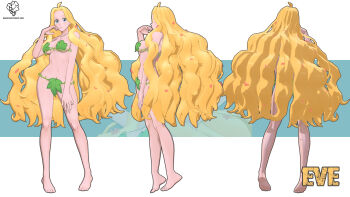 3d bikini blonde_hair blue_eyes blush breasts character_name collarbone commentary crovoclash english_commentary eve_(shuumatsu_no_valkyrie) from_behind from_side hand_on_own_face hand_on_own_leg hand_up highres large_breasts leaf_bikini light_blush long_hair multiple_views petals shuumatsu_no_valkyrie sidelocks simple_background swimsuit very_long_hair white_background