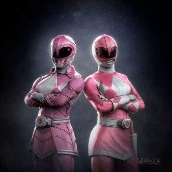 2girls armor belt bodysuit breasts character_request crossed_arms dino_buckler gloves helmet katherine_hillard kimberly_ann_hart looking_at_viewer medium_breasts mighty_morphin_pink_ranger mighty_morphin_power_rangers mighty_morphin_power_rangers:_once_&amp;_always multiple_girls pink_bodysuit power_rangers ptera_ranger tokujay tokusatsu