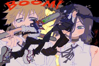 2boys 2girls :d apron bare_shoulders black_apron black_background black_choker black_gloves black_hair black_necktie black_pants black_ribbon black_skirt black_thighhighs blonde_hair blush bomb_devil_(chainsaw_man) breasts brown_eyes brown_shoes chainsaw chainsaw_devil chainsaw_man choker closed_mouth collared_shirt denji_(chainsaw_man) double-parted_bangs dual_persona elbow_gloves explosion facing_another flower gloves green_eyes hair_between_eyes hand_up highres jwnn loafers looking_at_viewer medium_hair miniskirt multiple_boys multiple_girls neck_ribbon necktie object_head open_mouth outstretched_arms over-kneehighs pants reze_(chainsaw_man) ribbon sharp_teeth shirt shoelaces shoes short_hair side_slit simple_background skirt sleeveless sleeveless_shirt small_breasts smile sneakers teeth thighhighs upper_body upper_teeth_only v-shaped_eyebrows white_shirt white_shoes