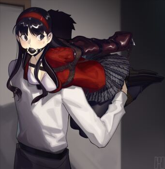 1boy 1girl abduction amagi_yukiko armbinder ball_gag bdsm black_hair black_skirt bondage bound bra breasts cad_(caddo) carrying carrying_person commission gag highres kidnapped kidnapping miniskirt peril persona persona_4 red_shirt second-party_source shirt skirt tagme underwear white_bra