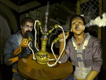 1boy 1girl alyx_vance armor artist_name black_hair black_mesa_logo brown_hair brown_headband brown_jacket chain-link_fence commentary copium_(meme) english_commentary facial_hair fence glasses goatee gordon_freeman half-life half-life_(series) half-life_2 headband hev_suit highres hookah indoors jacket jewelry lambda_symbol lips looking_at_viewer meme necklace open_mouth orange_armor petrisolaris photo-referenced rectangular_eyewear shirt smoking twitter_username upper_body white_shirt