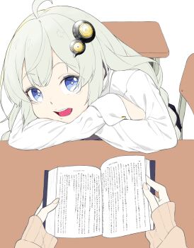 Rule 34 | 2girls, :d, absurdres, ahoge, blue eyes, book, braid, chair, crossed arms, desk, grey hair, hair ornament, highres, holding, holding book, kashia (cassia ak), kizuna akari, long hair, looking at another, multiple girls, on chair, open mouth, pov, pov hands, school chair, school desk, school swimsuit, shirt, simple background, sitting, smile, swimsuit, twin braids, vocaloid, voiceroid, white background, white shirt