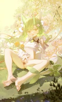 1girl absurdres animal_ear_fluff animal_ears bar_censor barefoot bottomless bow bug butterfly butterfly_on_hand cat_ears cat_girl censored clothing_cutout commentary crop_top detached_sleeves feet flower full_body grass green_hair green_tail hair_bow hair_flower hair_ornament hand_up highres holding_with_feet horns insect large_variant_set legs long_hair long_sleeves looking_at_viewer midriff navel neko_blow on_ground open_mouth original outdoors pussy sandals shirt shoes sitting soles solo spread_pussy spreading_own_pussy symbol-only_commentary tail tail_bow tail_ornament toenails toes unworn_sandals unworn_shoes variant_set white_shirt yellow_eyes yellow_flower