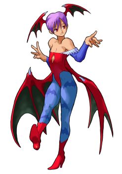 Rule 34 | 1girl, absurdres, animal print, bare shoulders, bat print, bat wings, bengus, blue pantyhose, boots, bridal gauntlets, darkstalkers, demon girl, diamond cutout, flat chest, full body, game cg, head wings, high heels, highres, leotard, lilith (darkstalkers), looking to the side, multiple wings, non-web source, official art, pantyhose, print pantyhose, purple hair, red eyes, red leotard, red shoes, red wings, shoes, short hair, simple background, solo, standing, vampire savior: the lord of vampire, walking, white background, wings