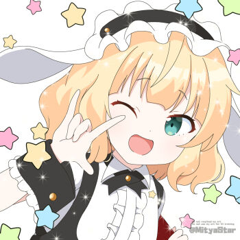 1girl ;d animal_ears black_hairband blonde_hair center_frills child collared_shirt commentary employee_uniform fake_animal_ears fleur_de_lapin_uniform floppy_ears frilled_hairband frills gochuumon_wa_usagi_desu_ka? green_eyes hairband kirima_syaro mitya one_eye_closed open_mouth puffy_short_sleeves puffy_sleeves rabbit_ears shirt short_sleeves smile solo twitter_username upper_body waitress white_background white_shirt wrist_cuffs
