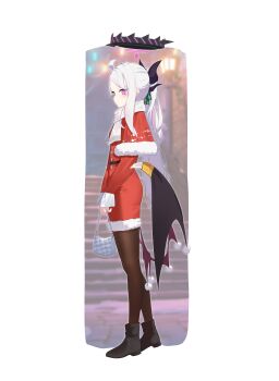 1girl absurdres ahoge bag black_halo black_pantyhose blue_archive blush breasts bunpil christmas commentary_request demon_girl demon_horns demon_wings halo highres hina_(blue_archive) horns long_hair low_wings night outdoors pantyhose purple_eyes small_breasts solo white_hair wings