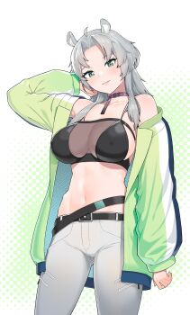 1girl absurdres animal_ear_fluff animal_ears belt bikini bikini_top_only black_belt black_bikini closed_mouth collar collarbone commission dia_(flex_frontline) green_eyes green_jacket grey_hair hand_up highres hippopotamuso jacket long_hair looking_at_viewer multicolored_jacket multiple_belts navel open_clothes open_jacket original panties purple_collar second-party_source sidelocks smile solo swimsuit underwear white_panties