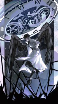 Rule 34 | 1boy, black hair, black shirt, black wings, border, broken glass, coat, evie (baoxiao), fading border, feathered wings, floating, full body, gears, glass, hands in pockets, highres, inverted colors, kim dokja, looking at viewer, male focus, night, omniscient reader's viewpoint, open clothes, open coat, outside border, pillarboxed, pocket watch, popped collar, revealing layer, serious, shirt, short hair, sky, smoke, solo, star (sky), starry sky, watch, white coat, wings