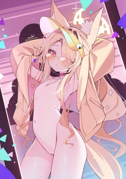 1girl animal_ear_fluff animal_ears armpits blonde_hair blue_archive breasts commentary_request covered_navel fox_ears halo highres jacket long_hair official_alternate_costume one-piece_swimsuit seia_(blue_archive) seia_(swimsuit)_(blue_archive) small_breasts solo sunglasses swimsuit verslll visor_cap white_one-piece_swimsuit