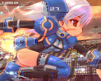 1girl armor ass blue_falcon electricity f-zero f-zero_gx female_focus floating hair_ornament lowres mecha_musume nintendo oekaki personification porttown_longpipe racing red_eyes shigatake solo sparks thighhighs typo white_hair zettai_ryouiki