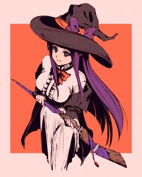 1girl blunt_bangs dress fern_(sousou_no_frieren) halloween hat holding holding_polearm holding_weapon looking_at_viewer moshimoshibe polearm purple_eyes purple_hair smile solo sousou_no_frieren weapon white_dress witch_hat