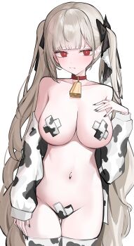 1girl absurdres animal_print azur_lane bell blush collar cow_print cowbell detached_sleeves formidable_(azur_lane) grey_hair highres long_hair looking_at_viewer maebari navel nephthys2356 nude pasties red_eyes solo thighhighs twintails very_long_hair white_thighhighs