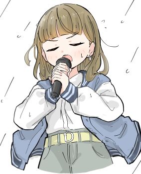 Rule 34 | 1girl, bang dream!, bang dream! it's mygo!!!!!, blue jacket, blush, brown hair, collared shirt, commentary request, cosplay, earrings, flying sweatdrops, green skirt, highres, holding, holding microphone, jacket, jewelry, kachimachi kosuzu, link! like! love live!, long hair, long sleeves, love live!, microphone, music, open clothes, open jacket, open mouth, rain, shirt, singing, skirt, solo, sweatdrop, takamatsu tomori, takamatsu tomori (cosplay), tazaki masanobu, virtual youtuber, white shirt