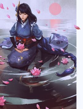 1girl absurdres aina_(mayexplode) alternate_costume border braid bridal_gauntlets cherry_blossoms closed_eyes closed_mouth commentary english_commentary falling_petals genshin_impact hair_ornament highres japanese_clothes kimono long_hair low-braided_long_hair low-tied_long_hair mitsudomoe_(shape) mole mole_under_eye moon obi obijime petals purple_hair raiden_shogun sash seiza single_braid sitting solo tomoe_(symbol) very_long_hair water white_border