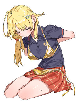 Rule 34 | 1girl, absurdres, ahoge, arms behind back, bare legs, bikini, bikini over clothes, blonde hair, blush, breasts, closed eyes, dressing, facing down, gold bikini, hachimiya meguru, hair flaps, hair ornament, haruyuki (gffewuoutgblubh), highres, idolmaster, idolmaster shiny colors, long hair, medium breasts, odaibako, orange skirt, pleated skirt, request inset, school uniform, short sleeves, simple background, sitting, skirt, solo, star (symbol), star hair ornament, string bikini, sweatdrop, swimsuit, unworn bikini bottom, white background, yokozuwari