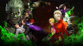 Rule 34 | 6+boys, adelheid bernstein, asamiya athena, ash crimson, black hair, blonde hair, breasts, brown eyes, brown hair, colored skin, dark-skinned male, dark skin, duo lon, earrings, fatal fury, fingerless gloves, fire, gloves, green fire, grey skin, hair pulled back, hairband, headband, highres, jacket, japanese clothes, jewelry, kagura chizuru, kusanagi (clone), kusanagi kyou, leather, leather jacket, long hair, long sleeves, looking at viewer, medium breasts, miko, mukai (kof), multiple boys, multiple girls, official art, pants, petrification, pink hair, purple fire, pyrokinesis, red eyes, red hair, rose bernstein, school uniform, shen woo, short hair, smile, snk, team sacred treasures (kof), terry bogard, the king of fighters, the king of fighters 2003, the king of fighters all-stars, white hair, white hairband, yagami iori