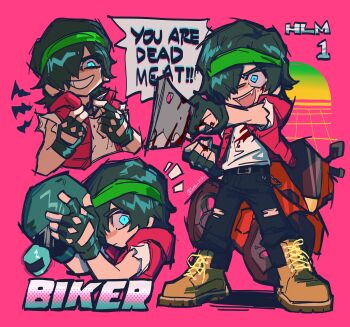 Rule 34 | 1boy, biker (hotline miami), black gloves, black pants, blood, blood on clothes, boots, brown boots, character name, cleaver, clothing cutout, commentary, cropped torso, english commentary, english text, fingerless gloves, glove cutout, gloves, green hair, green headband, grin, headband, helmet, highres, holding, holding cleaver, holding unworn helmet, holding weapon, hood, hooded jacket, hotline miami, jacket, looking to the side, male focus, motor vehicle, motorcycle, motorcycle helmet, multiple views, open mouth, pants, parted bangs, pink background, red jacket, shirt, sideways glance, sleeveless, sleeveless jacket, smile, speech bubble, tatsu (tatsumccree), teeth, torn clothes, torn pants, torn sleeves, triangle mouth, twitter username, unworn headwear, unworn helmet, upper teeth only, weapon, white shirt, wide-eyed