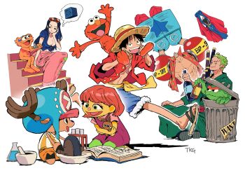 2025 3girls 6+boys absurdres antlers areola_slip black_hair blue_hair breasts character_request cleavage cropped_jacket crossover cyborg elmo franky_(one_piece) green_hair grover haramaki hat highres horns in_container in_trash_can jacket monkey_d._luffy multiple_boys multiple_girls muscular muscular_male nico_robin nico_robin_(return_to_sabaody) official_alternate_costume one_piece oscar_the_grouch pink_sarong red_hair reindeer_antlers roronoa_zoro sarong sash scar scar_across_eye scar_on_chest scar_on_face sesame_street short-sleeved_jacket short_sleeves straw_hat sword tony_tony_chopper trash_can trashcan_lid wciarigatou weapon yellow_sash zoe_(sesame_street)