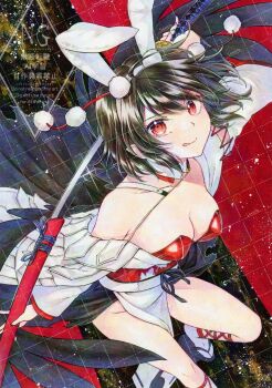 1girl :q alternate_costume alto2019 animal_ear_hairband animal_ears breasts brown_hair cleavage closed_mouth commentary_request fake_animal_ears hairband highres holding holding_sheath holding_sword holding_weapon leotard looking_at_viewer nontraditional_playboy_bunny obi pelvic_curtain rabbit_ear_hairband rabbit_ears red_eyes red_leotard sample_watermark sash shameimaru_aya sheath side_slit signature smile socks solo sword tongue tongue_out touhou touhou_lostword unsheathing watermark watermark_grid weapon white_socks wings